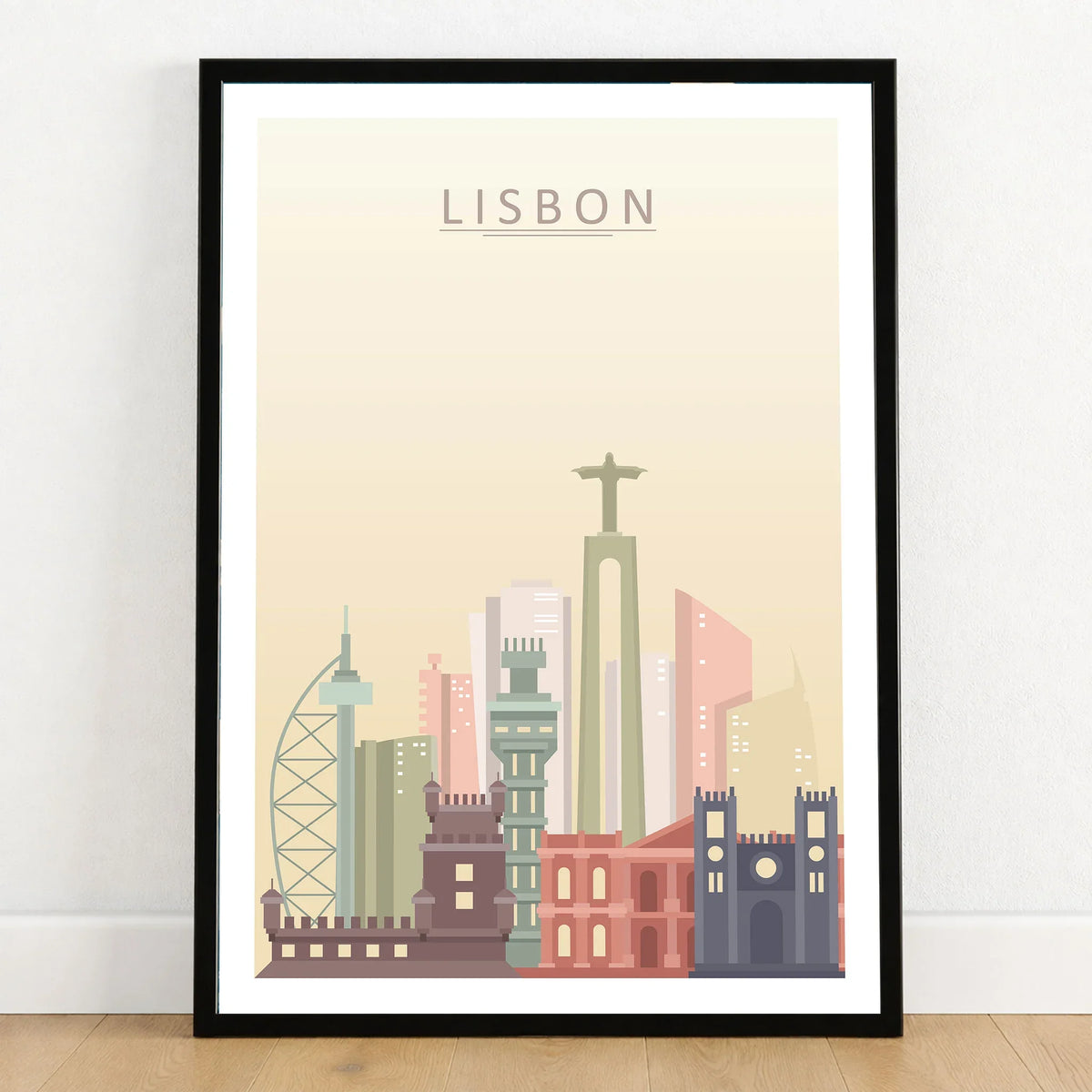Lisbon city skyline art print in a black frame on a wooden floor