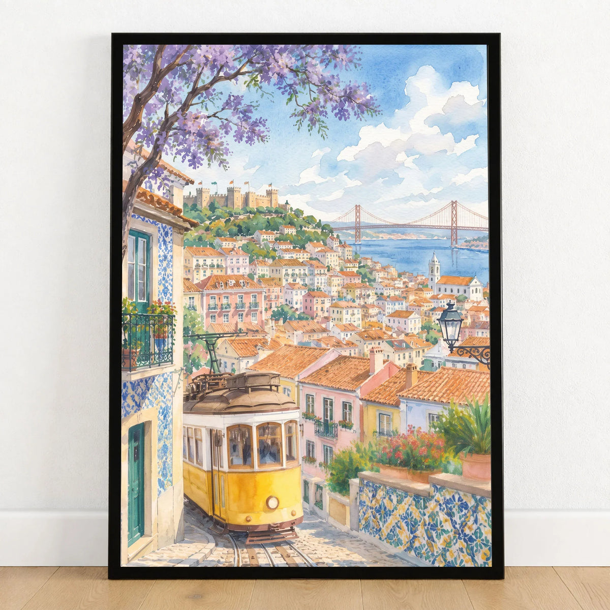 Lisbon yellow tram and castle watercolour art print in a black frame on a wooden floor