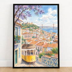 Lisbon yellow tram and castle watercolour art print in a black frame on a wooden floor