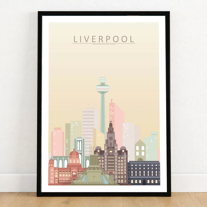 Liverpool city skyline art print in a black frame on a wooden floor