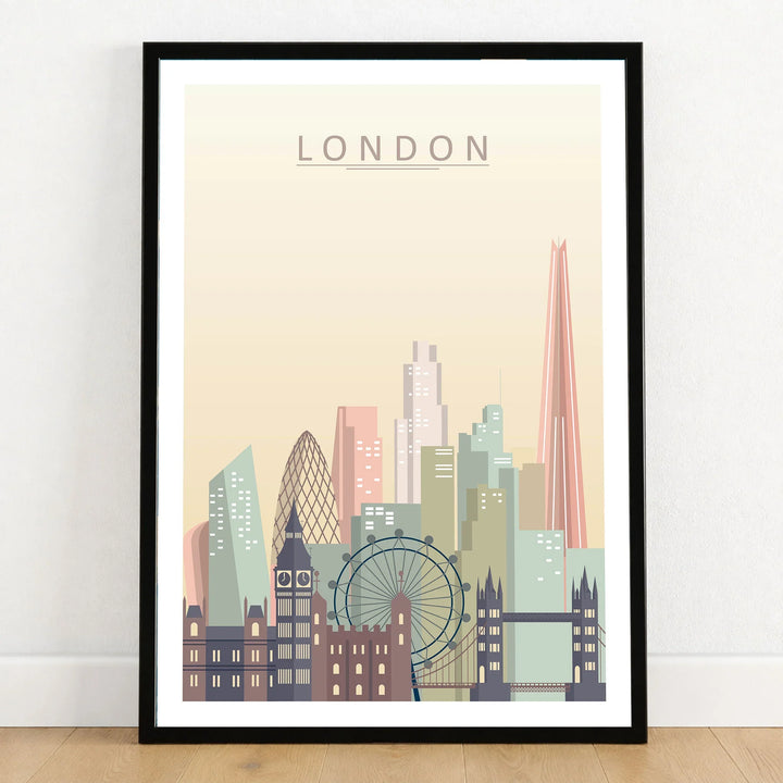 London city skyline art print in a black frame on a wooden floor