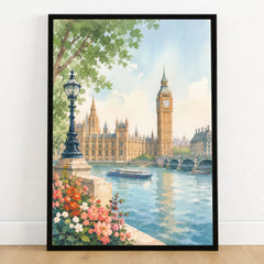 London Big Ben and Houses of Parliament watercolour art print in a black frame on a wooden floor