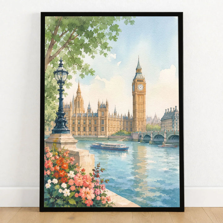 London Big Ben and Houses of Parliament watercolour art print in a black frame on a wooden floor