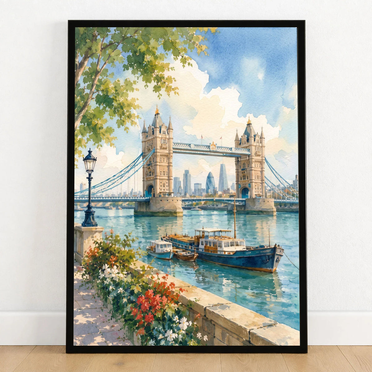 London Tower Bridge on the Thames watercolour art print in a black frame on a wooden floor