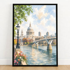 London St Paul's Cathedral and Millennium Bridge watercolour art print in a black frame on a wooden floor