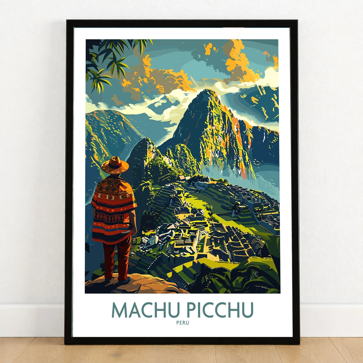 Machu Picchu Travel Poster - framed art print in black frame on wooden floor