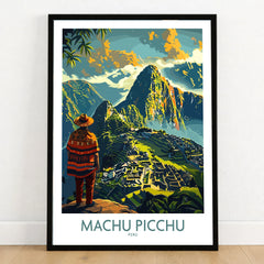 Machu Picchu Travel Poster - framed art print in black frame on wooden floor