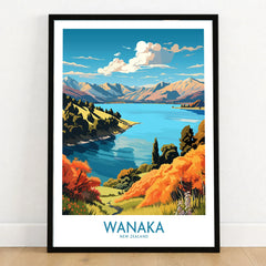 Wanaka Travel Poster New Zealand - framed art print in black frame on wooden floor