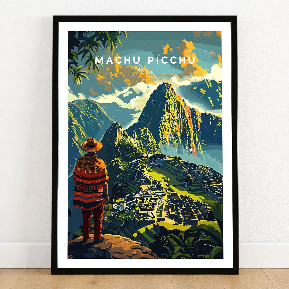 Machu Picchu Poster - framed art print in black frame on wooden floor