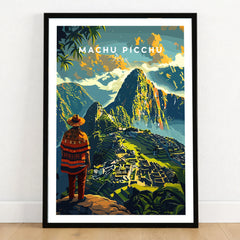 Machu Picchu Poster - framed art print in black frame on wooden floor