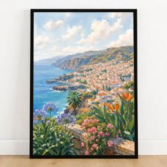 Madeira Funchal bay and coast watercolour art print in a black frame on a wooden floor