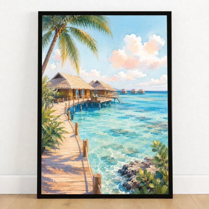 Maldives overwater villas and lagoon watercolour art print in a black frame on a wooden floor