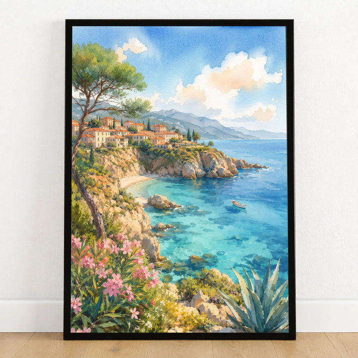 Mallorca turquoise cove and pines watercolour art print in a black frame on a wooden floor