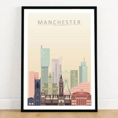 Manchester city skyline art print in a black frame on a wooden floor