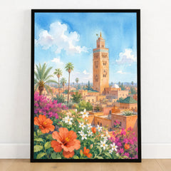 Marrakech Koutoubia Mosque watercolour art print in a black frame on a wooden floor