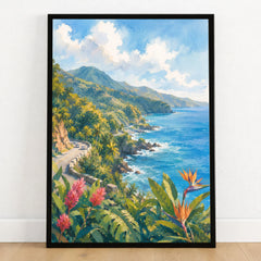 Maui Road to Hana coastline watercolour art print in a black frame on a wooden floor