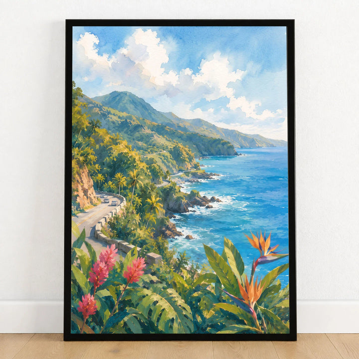 Maui Road to Hana coastline watercolour art print in a black frame on a wooden floor