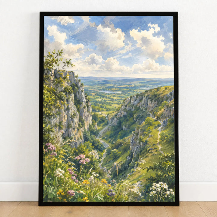 Mendip Hills Cheddar Gorge watercolour art print in a black frame on a wooden floor