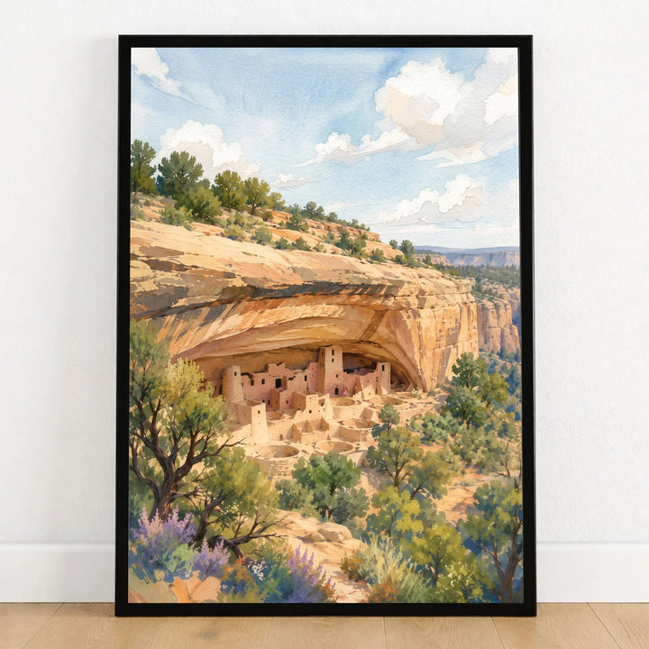 Mesa Verde National Park Cliff Palace dwellings watercolour art print in a black frame on a wooden floor