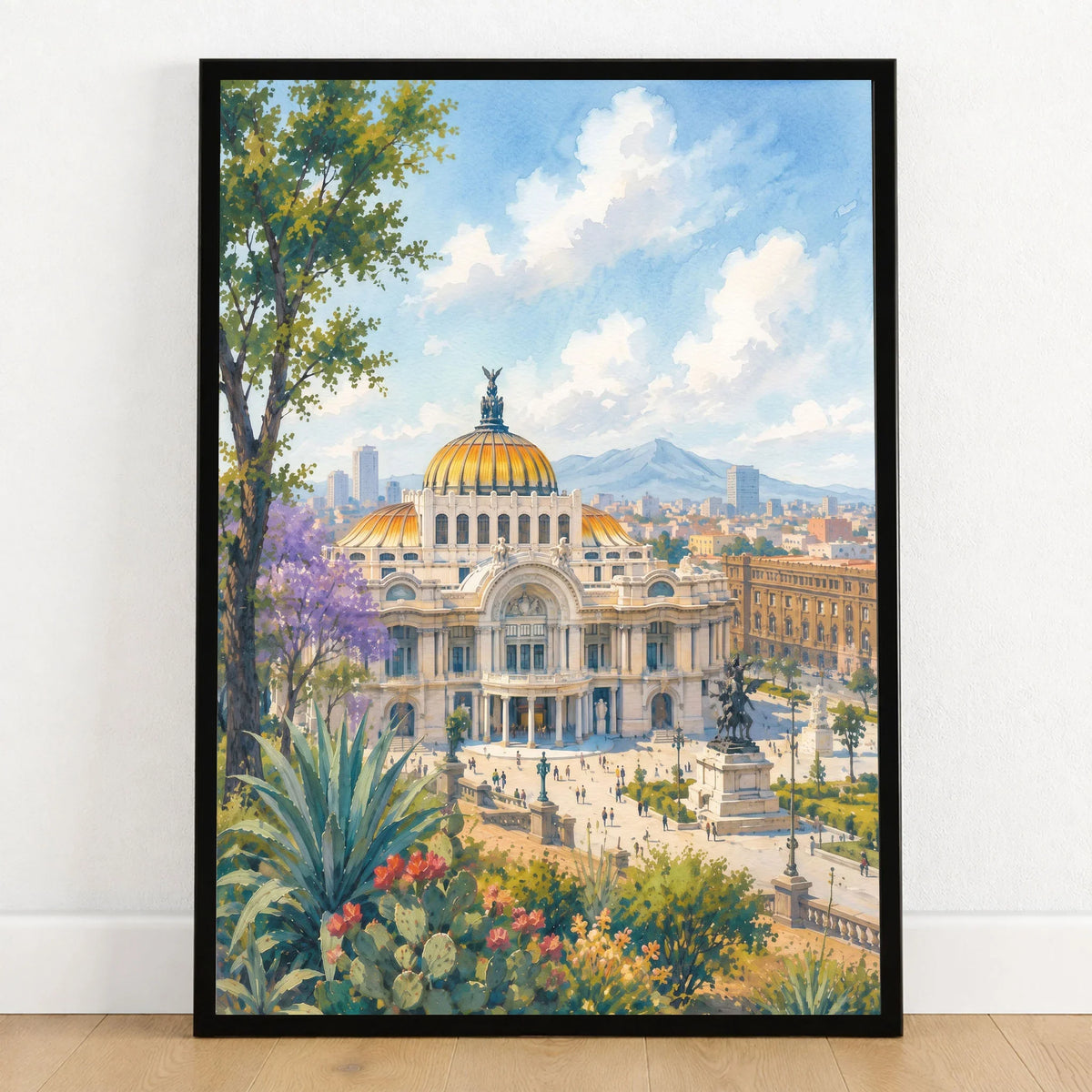 Mexico City Palacio de Bellas Artes watercolour art print in a black frame on a wooden floor