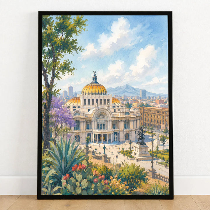Mexico City Palacio de Bellas Artes watercolour art print in a black frame on a wooden floor