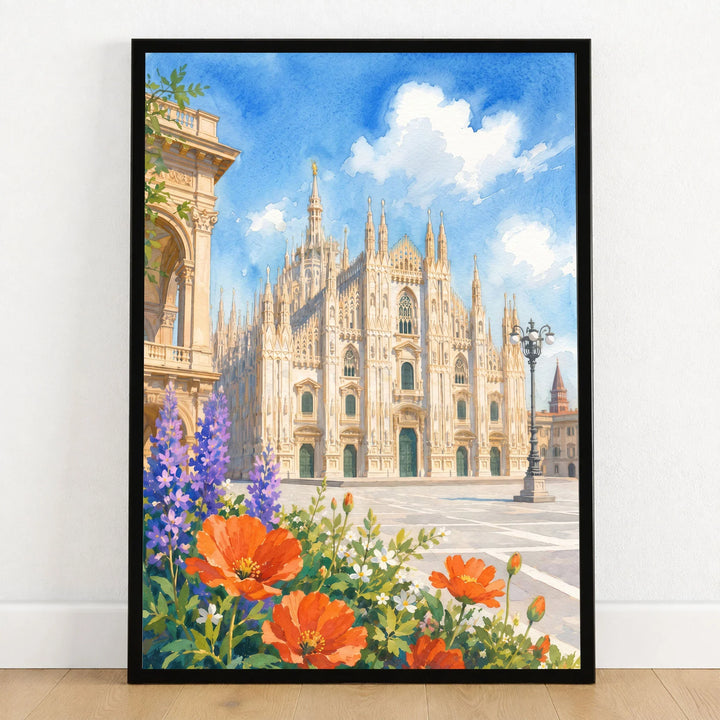 Milan Duomo di Milano watercolour art print in a black frame on a wooden floor