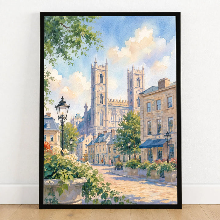 Montreal Notre-Dame Basilica in Old Montreal watercolour art print in a black frame on a wooden floor