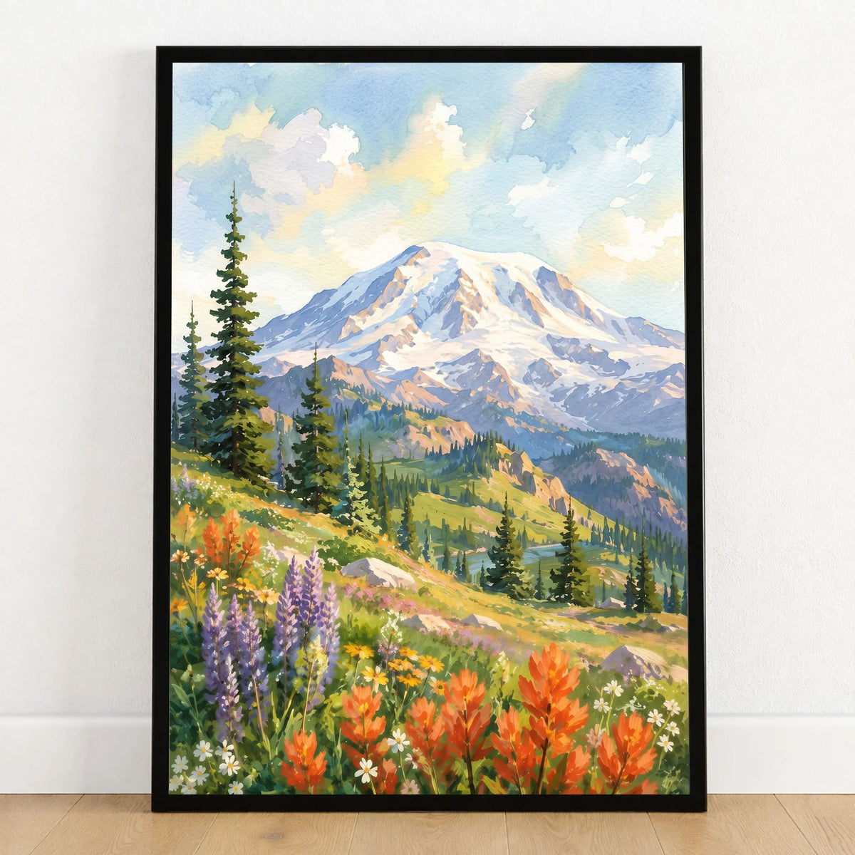 Mount Rainier National Park wildflower meadows watercolour art print in a black frame on a wooden floor