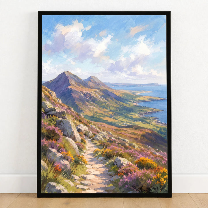 Mourne Mountains mountain path above the sea watercolour art print in a black frame on a wooden floor