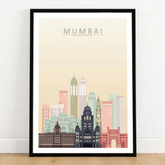 Mumbai city skyline art print in a black frame on a wooden floor