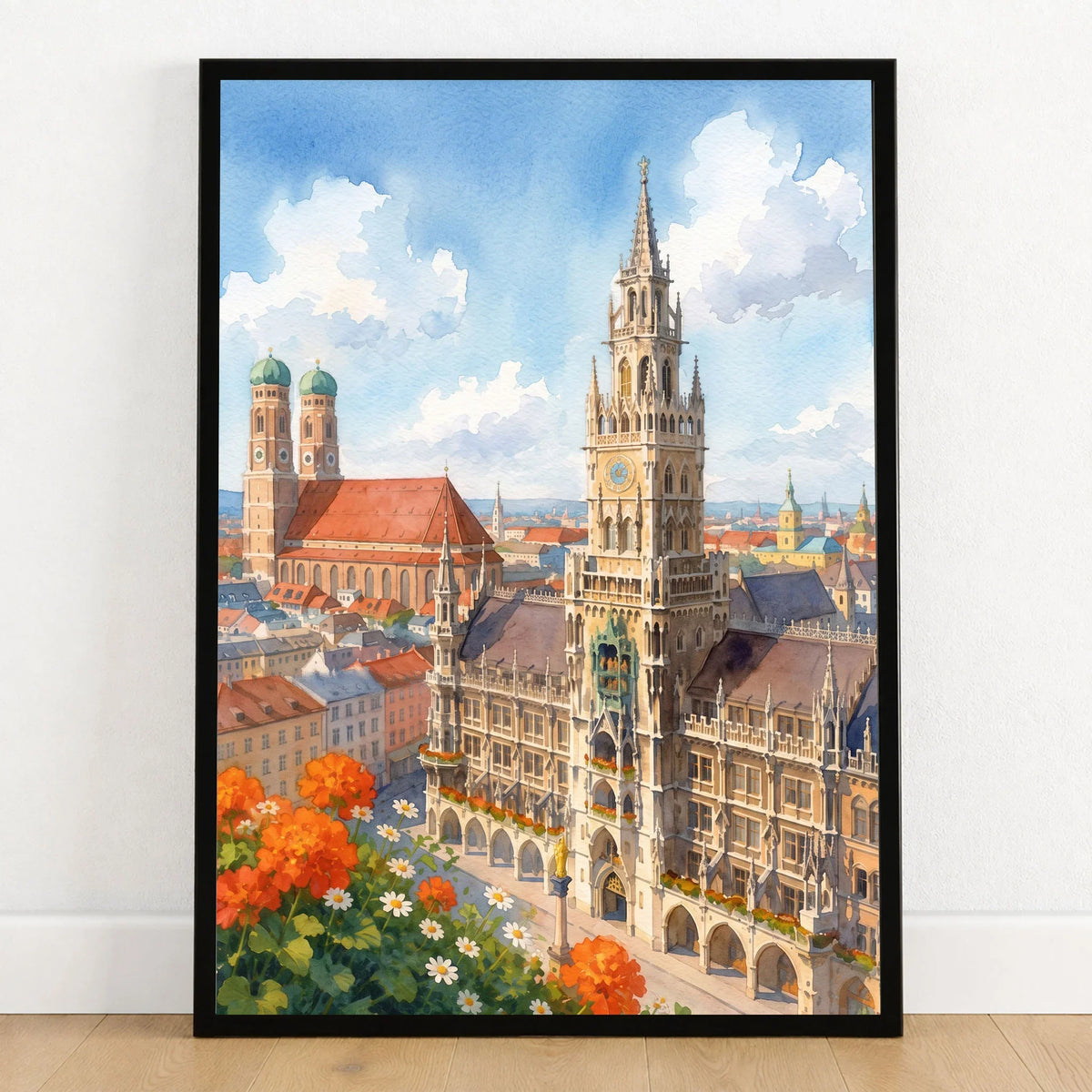 Munich New Town Hall and Frauenkirche watercolour art print in a black frame on a wooden floor