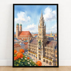 Munich New Town Hall and Frauenkirche watercolour art print in a black frame on a wooden floor