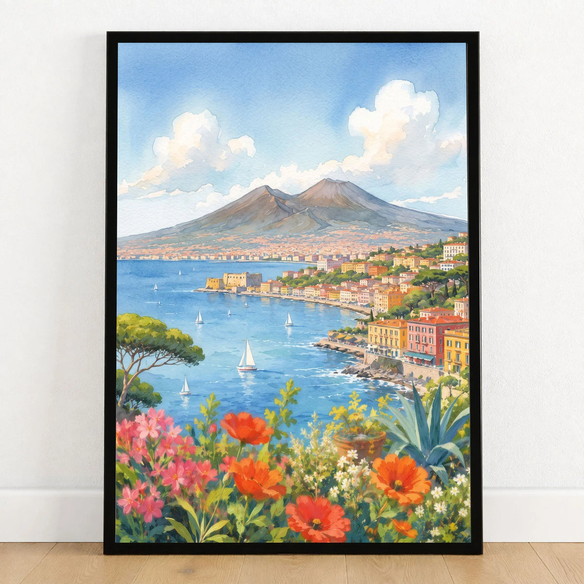 Naples Bay of Naples and Vesuvius watercolour art print in a black frame on a wooden floor