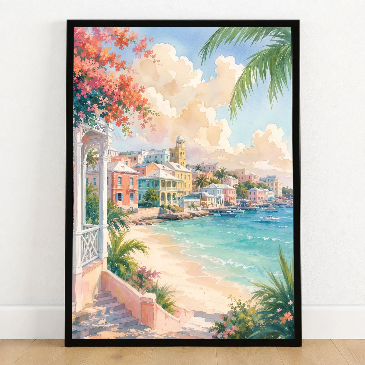 Nassau pastel waterfront and beach watercolour art print in a black frame on a wooden floor