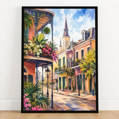 New Orleans French Quarter balconies watercolour art print in a black frame on a wooden floor