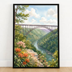 New River Gorge National Park New River Gorge Bridge watercolour art print in a black frame on a wooden floor