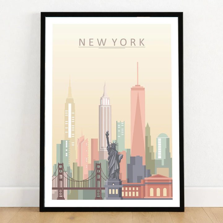 New York city skyline art print in a black frame on a wooden floor