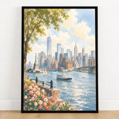 New York Statue of Liberty and Manhattan skyline watercolour art print in a black frame on a wooden floor