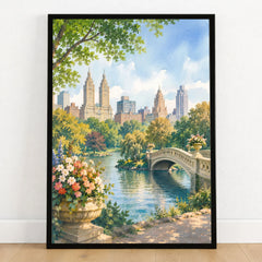 New York Central Park Bow Bridge watercolour art print in a black frame on a wooden floor