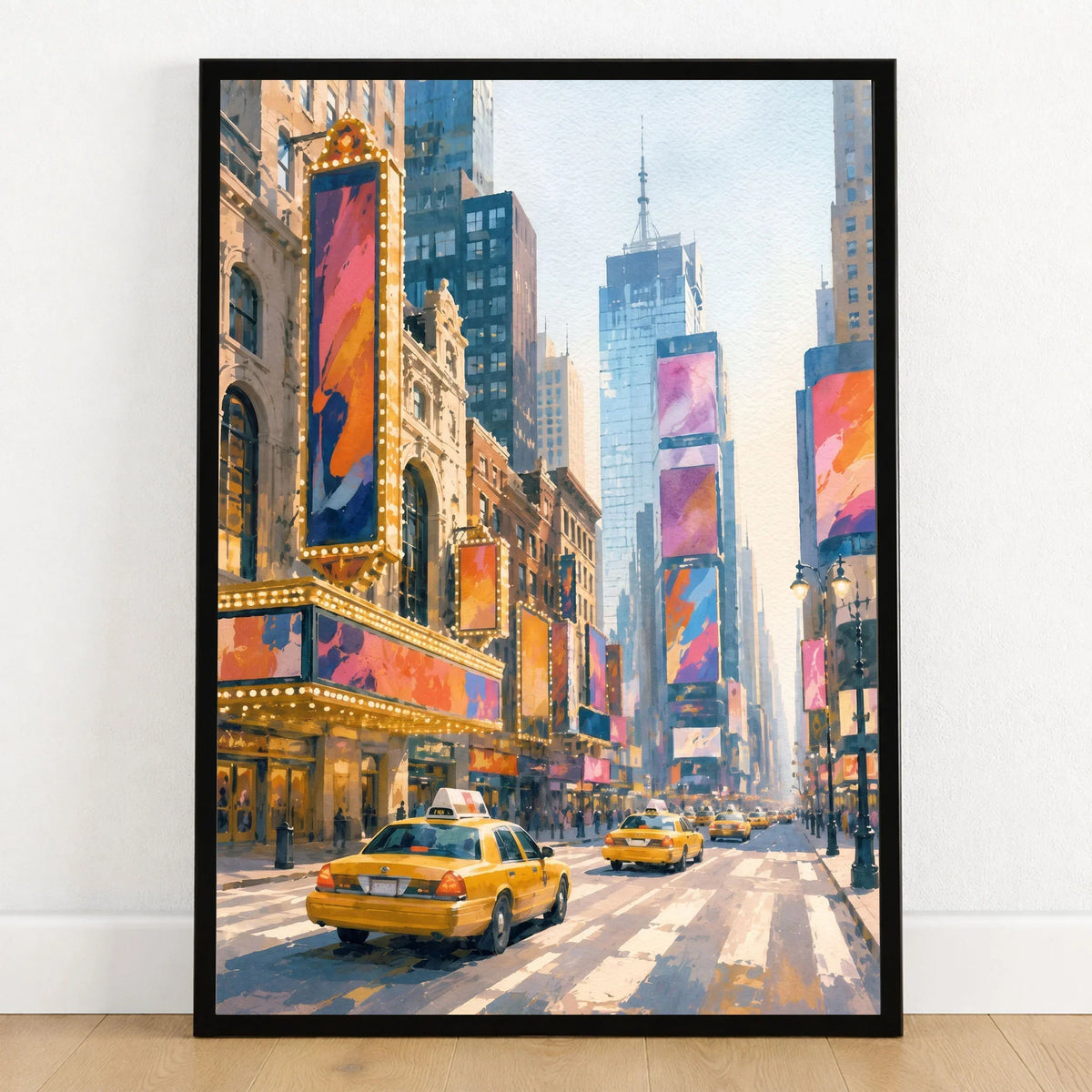 New York Times Square and yellow cabs watercolour art print in a black frame on a wooden floor