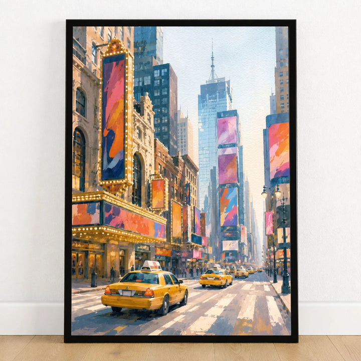 New York Times Square and yellow cabs watercolour art print in a black frame on a wooden floor