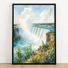 Niagara Falls State Park Horseshoe Falls watercolour art print in a black frame on a wooden floor