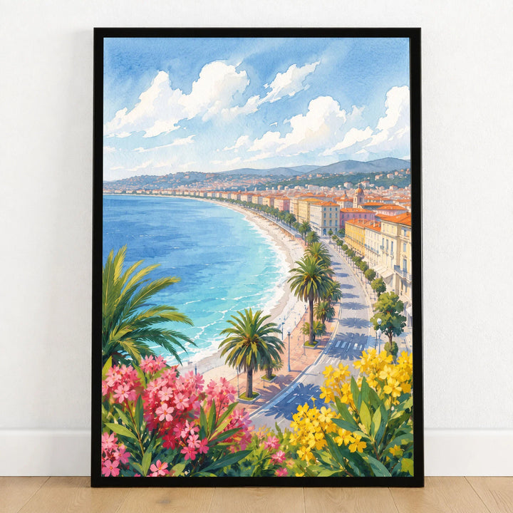 Nice Baie des Anges and promenade watercolour art print in a black frame on a wooden floor