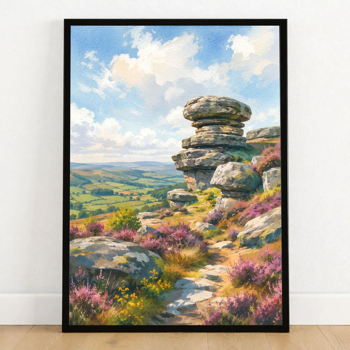 Nidderdale Brimham Rocks watercolour art print in a black frame on a wooden floor