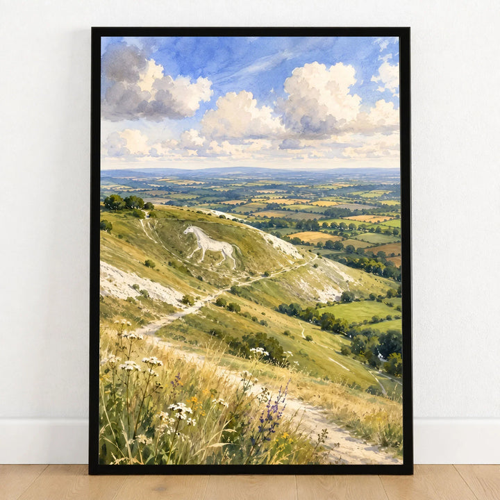 North Wessex Downs chalk white horse watercolour art print in a black frame on a wooden floor
