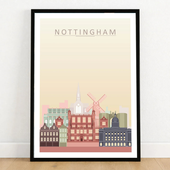 Nottingham city skyline art print in a black frame on a wooden floor