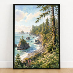 Olympic National Park rugged coast and sea stacks watercolour art print in a black frame on a wooden floor