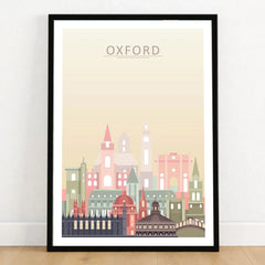 Oxford city skyline art print in a black frame on a wooden floor