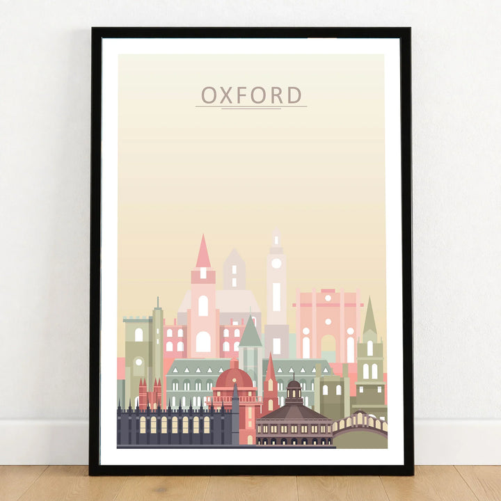 Oxford city skyline art print in a black frame on a wooden floor