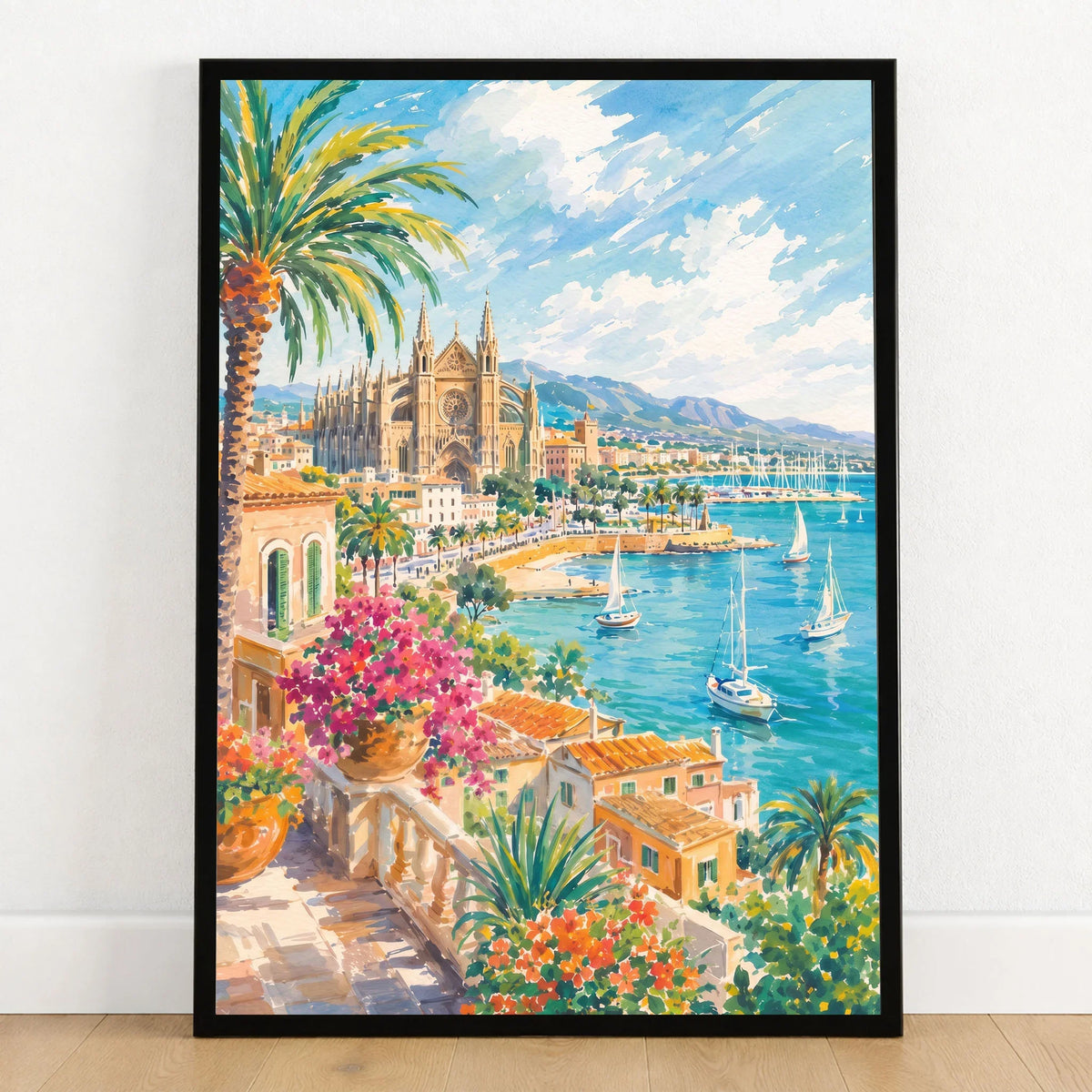 Palma La Seu cathedral and bay watercolour art print in a black frame on a wooden floor